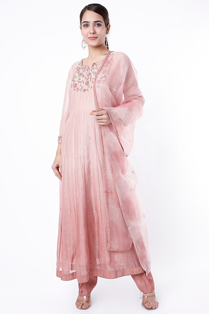 Dusty Pink Embellished Kalidar Anarkali Set by Apeksha Jain Label
