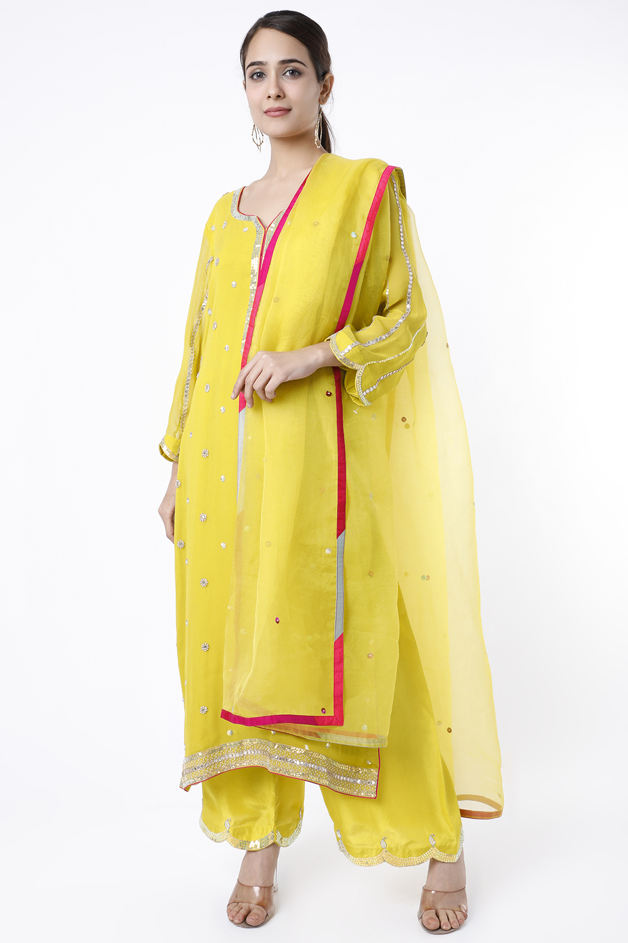 Lime Yellow Embroidered Kurta Set by Apeksha Jain Label