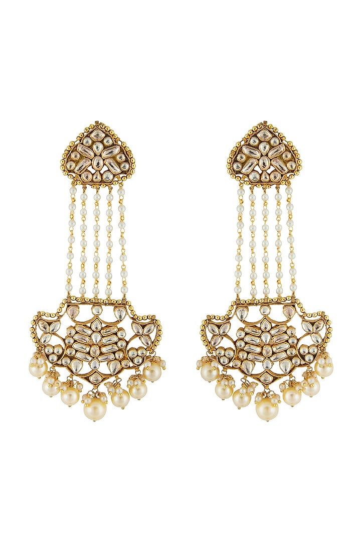 Gold Finish Kundan & Pearl Earrings by Anjali Jain Jewellery