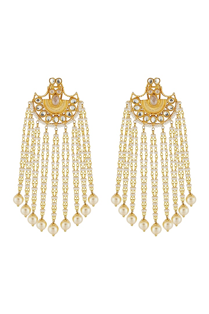 Gold Finish Pearl Chandelier Earrings by Anjali Jain Jewellery