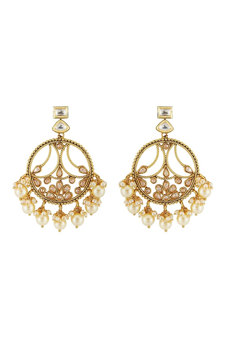Gold Finish Pearl & Kundan Bali Earrings by Anjali Jain Jewellery