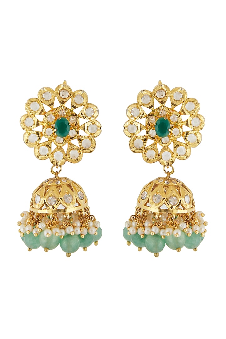 Gold Finish Emerald Jhumka Earrings by Anjali Jain Jewellery