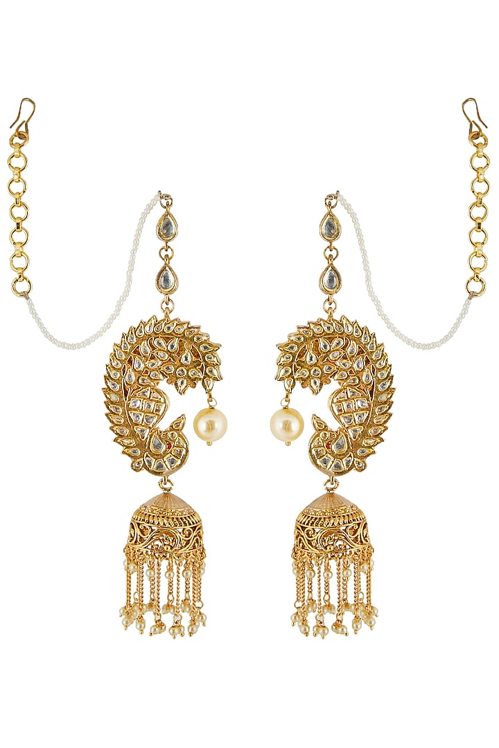 Gold Finish Kan Chain Jhumka Earrings by Anjali Jain Jewellery