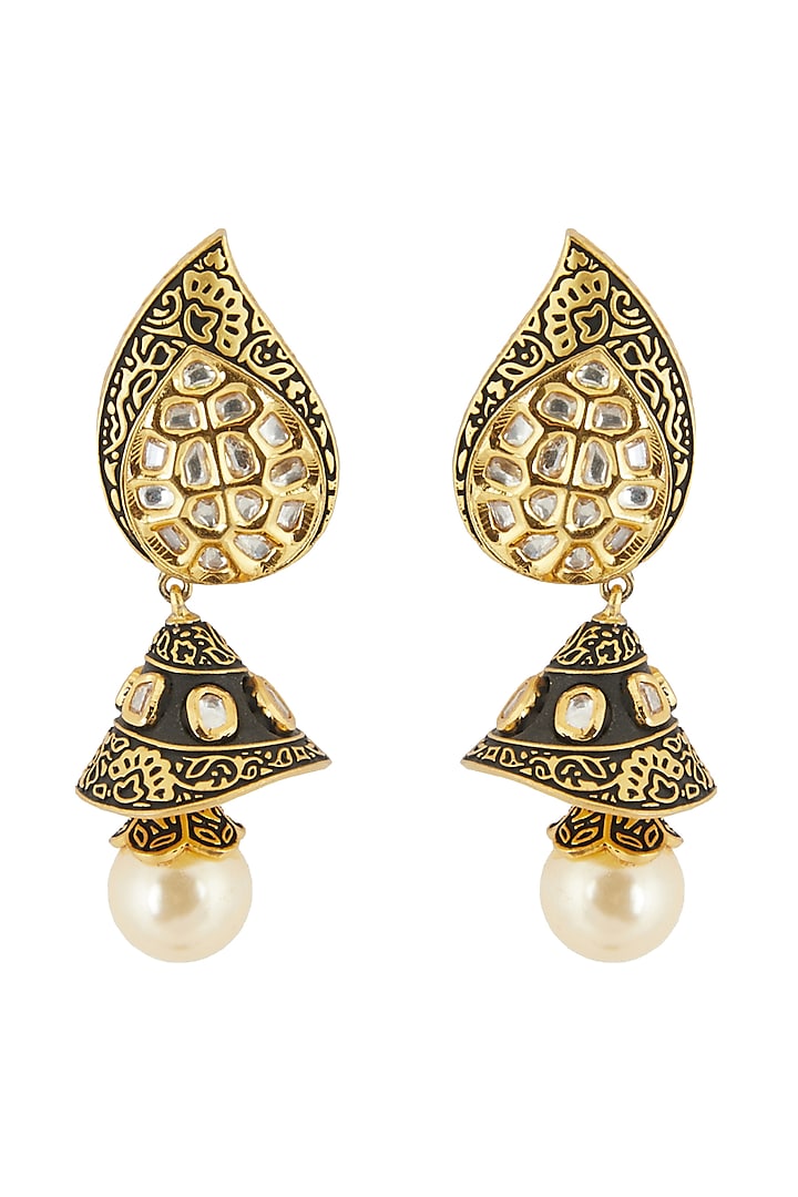 Gold Finish Kundan Black Earrings by Anjali Jain Jewellery