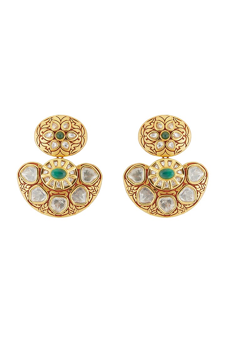 Gold Finish Kundan & Emerald Earrings by Anjali Jain Jewellery at Pernia's Pop Up Shop