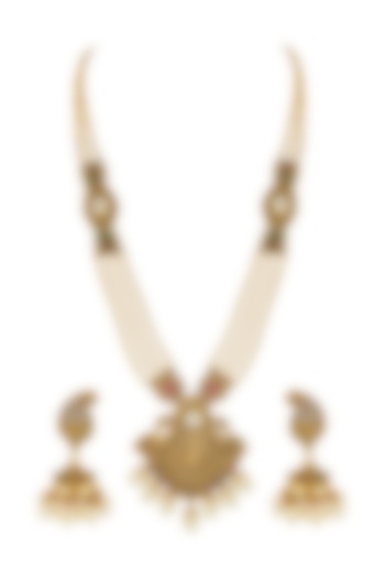 Gold Finish Long Temple Necklace Set by Anjali Jain Jewellery