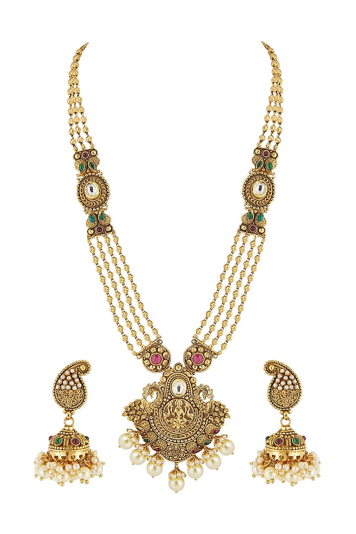 Gold Finish Long Temple Necklace Set by Anjali Jain Jewellery