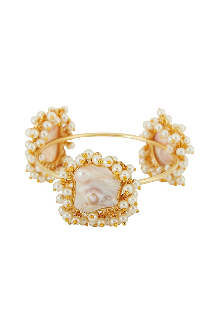 Gold Finish Pearl & Stone Bangle by Anjali Jain Jewellery