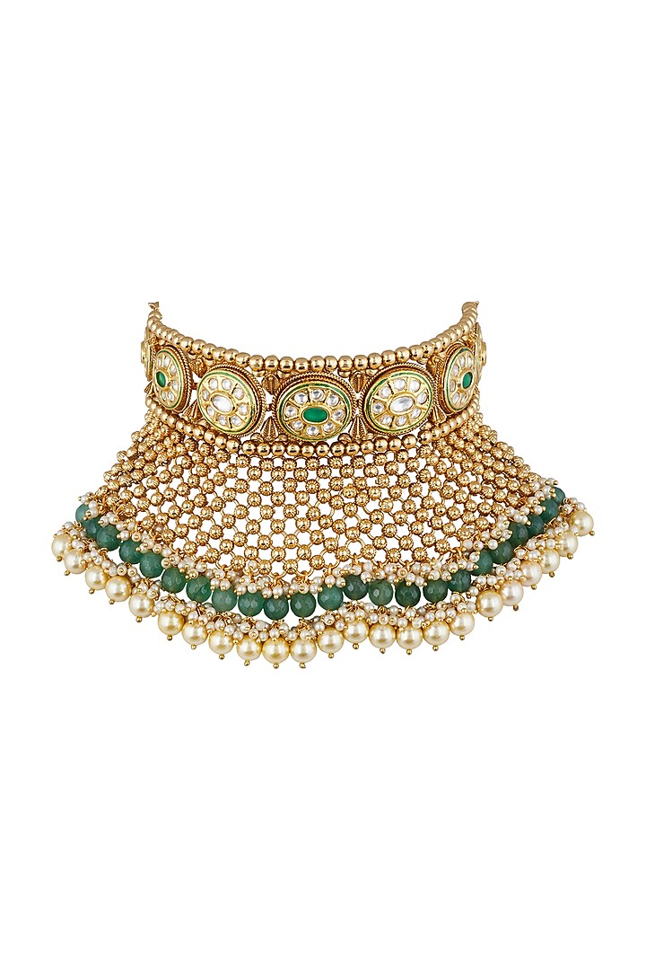 Gold Finish Kundan Bridal Necklace by Anjali Jain Jewellery