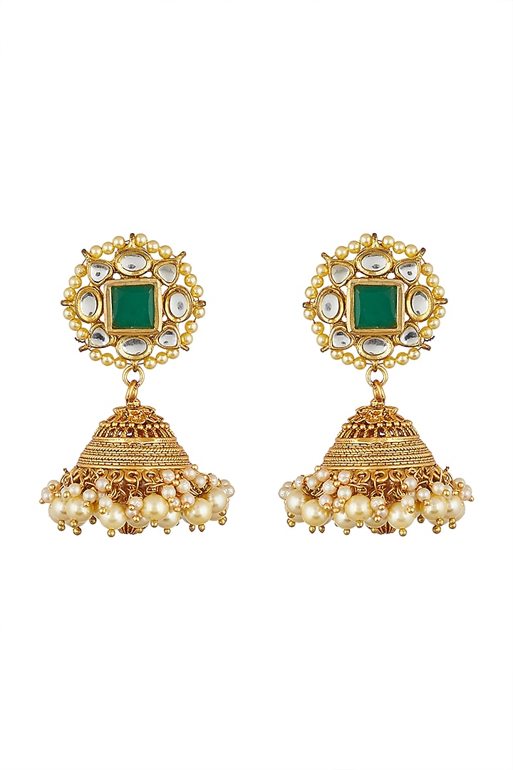 Gold Finish Kundan Jhumka Earrings by Anjali Jain Jewellery