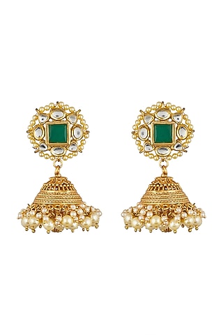 Gold Finish Kundan Jhumka Earrings by Anjali Jain Jewellery