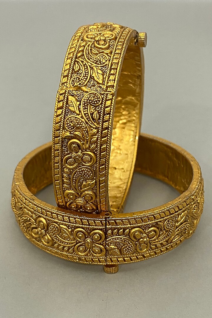 Gold Plated Carved Bangles by Anjali Jain Jewellery at Pernia's Pop Up Shop
