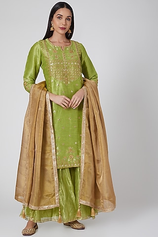 Green & Brown Embroidered Sharara Set by Anjali Jain