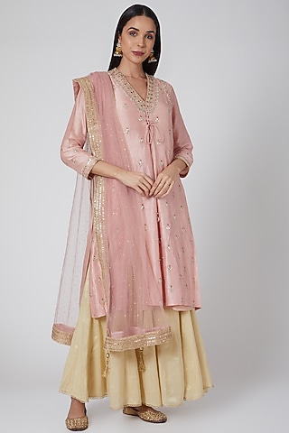 Pink & Beige Embroidered Lehenga Set by Anjali Jain
