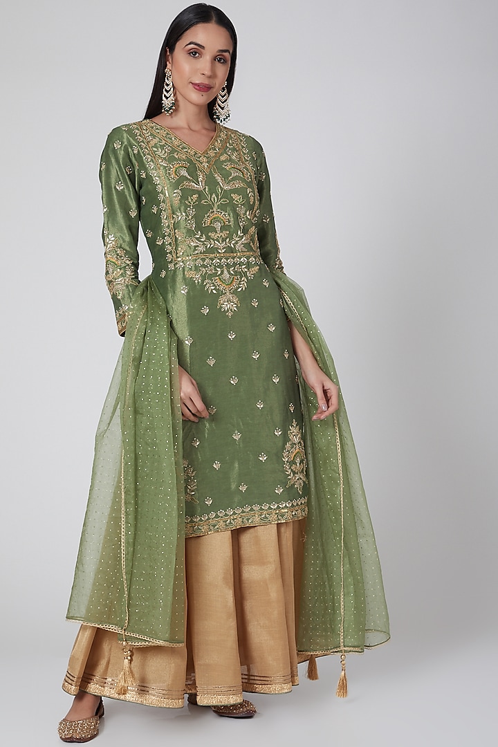 Olive Green & Gold Embroidered Lehenga Set by Anjali Jain