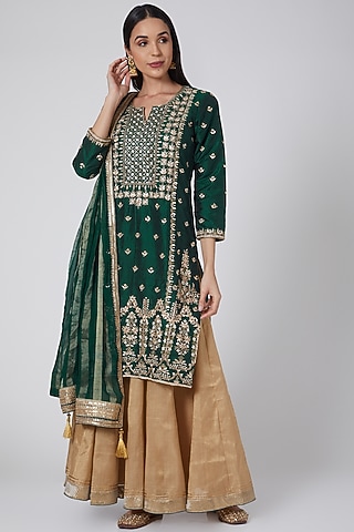 Green & Gold Embroidered Lehenga Set by Anjali Jain