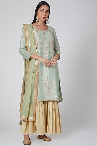 Powder Blue & Gold Embroidered Sharara Set by Anjali Jain