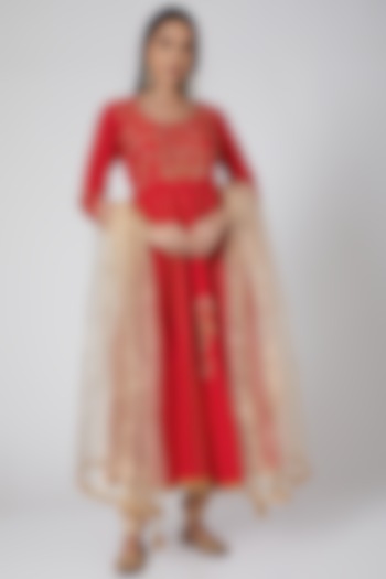 Red Embroidered Anarkali Set by Anjali Jain