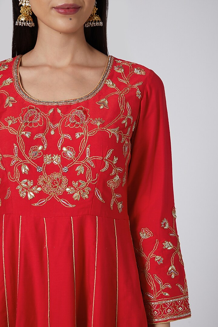 Red Embroidered Wedding Anarkali Set by Anjali Jain at Pernia's Pop Up Shop