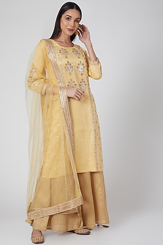 Yellow Zardosi Embroidered Lehenga Set by Anjali Jain