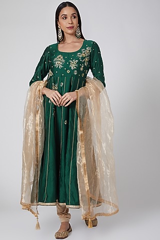 Emerald Green Embroidered Anarkali Set by Anjali Jain
