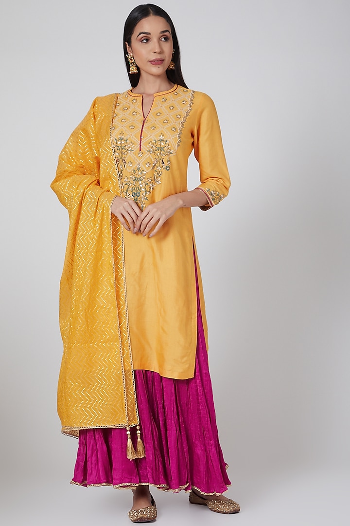 Yellow & Pink Embroidered Lehenga Set by Anjali Jain