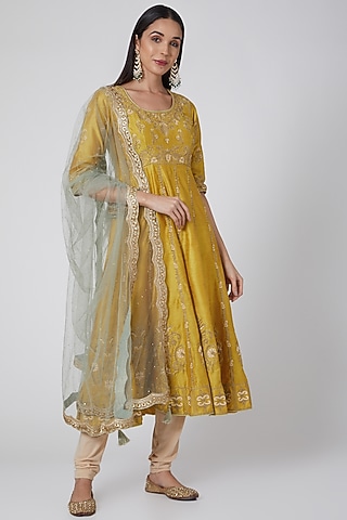 Mustard Embroidered Anarkali Set by Anjali Jain