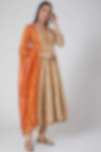 Beige & Orange Embroidered Anarkali Set by Anjali Jain