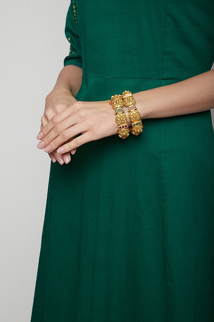 Gold Plated Red & Green Stone Bracelets by Anjali Jain Jewellery