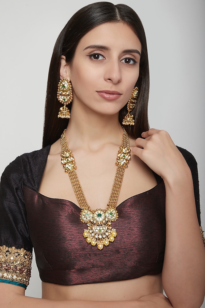 Gold Plated Pearl & Kundan Necklace Set by Anjali Jain Jewellery
