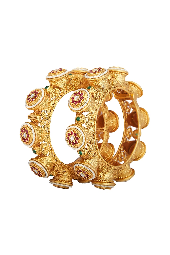 Gold Plated Red & Green Stones Bracelets by Anjali Jain Jewellery at Pernia's Pop Up Shop