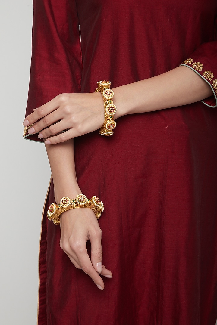 Gold Plated Red & Green Stones Bracelets by Anjali Jain Jewellery at Pernia's Pop Up Shop