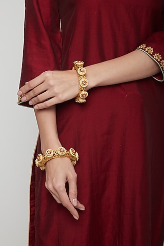 Gold Plated Red & Green Stones Bracelets by Anjali Jain Jewellery