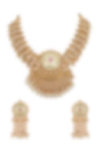 Gold Plated Pearls & Stones Necklace Set by Anjali Jain Jewellery