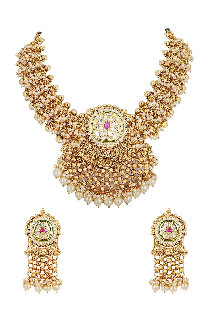 Gold Plated Pearls & Stones Necklace Set by Anjali Jain Jewellery at Pernia's Pop Up Shop