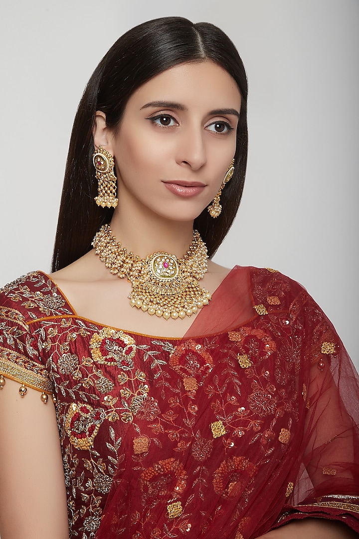 Gold Plated Pearls & Stones Necklace Set by Anjali Jain Jewellery