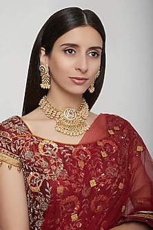 Gold Plated Pearls & Stones Necklace Set by Anjali Jain Jewellery-JEWELLERY ON DISCOUNT