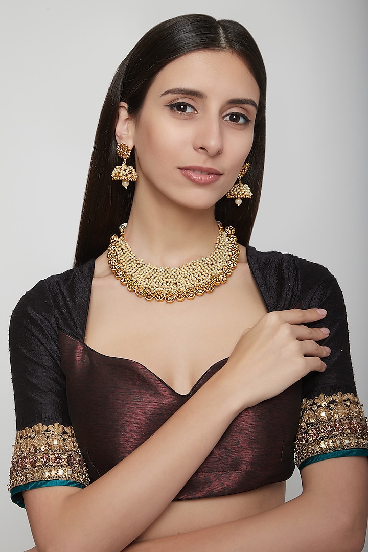 Gold Plated Pearls Necklace Set by Anjali Jain Jewellery