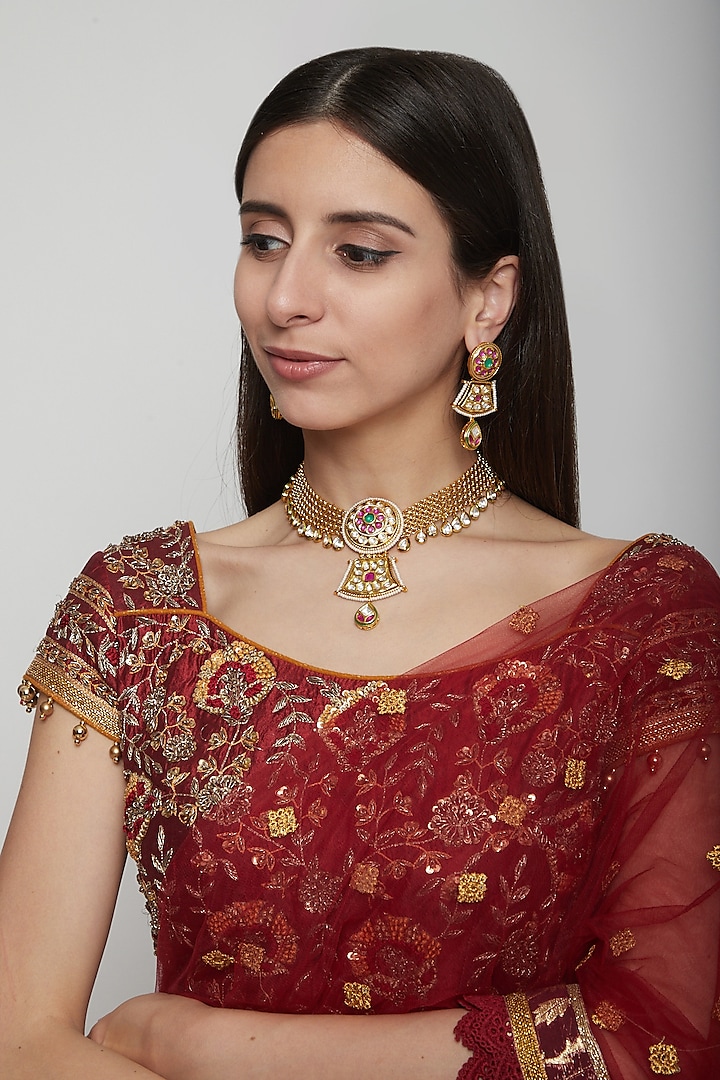 Gold Plated Kundan & Green Stone Necklace Set by Anjali Jain Jewellery