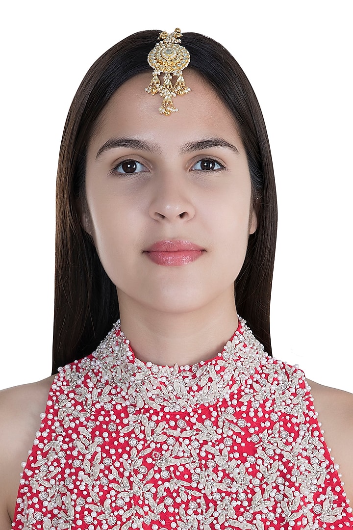 Gold Finish Kundan & Pearl Maang Tikka by Anjali Jain Jewellery