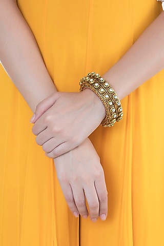 Gold Finish Onyx Stones & Kundan Bangles by Anjali Jain Jewellery