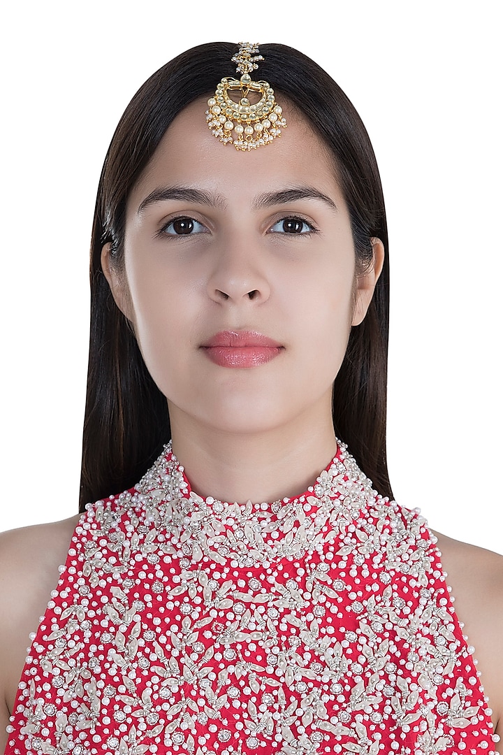 Gold Finish Pearls & Kundan Maangtika by Anjali Jain Jewellery