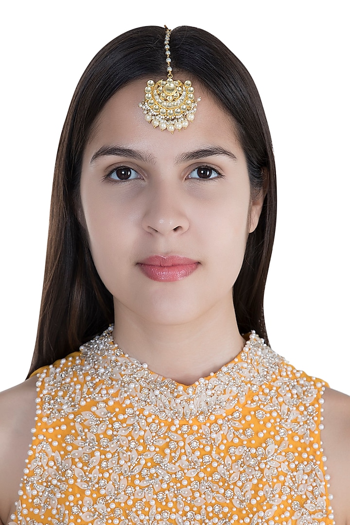 Gold Finish Pearl Kundan Maang Tikka by Anjali Jain Jewellery