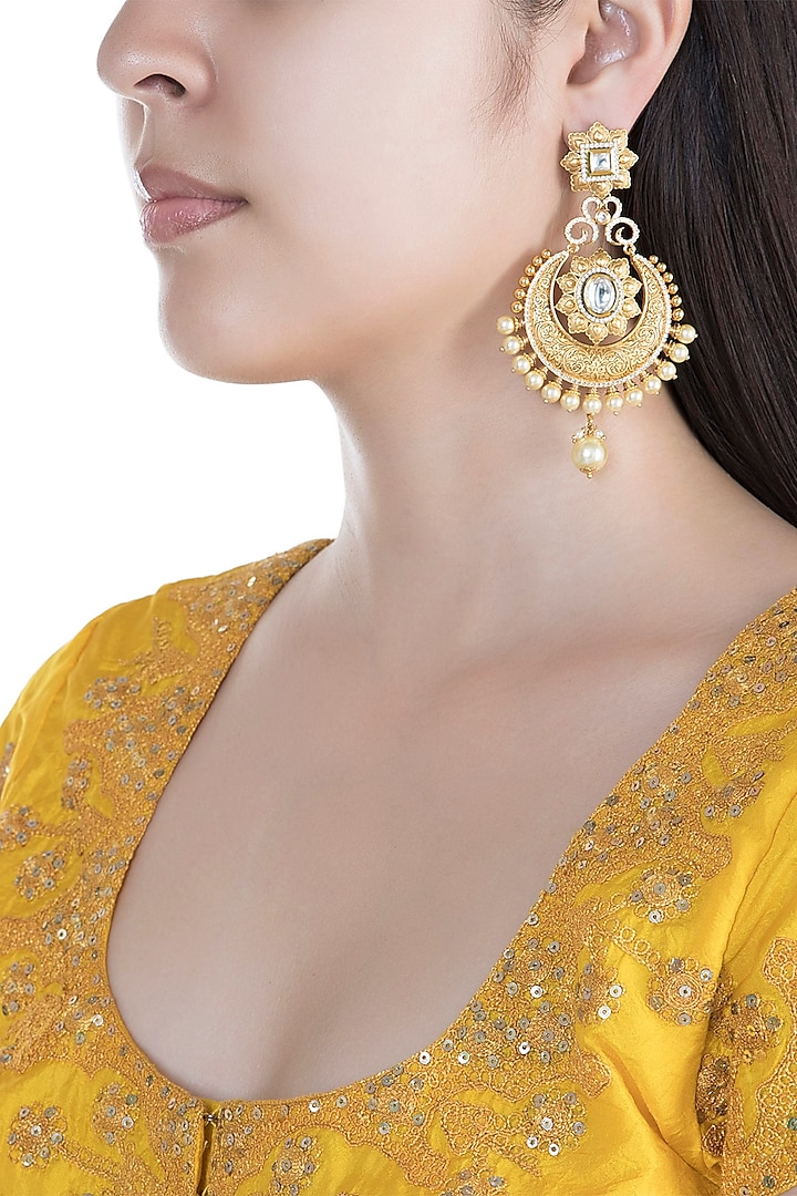 Gold Finish Pearls & Kundan Carved Chandbali Earrings by Anjali Jain Jewellery