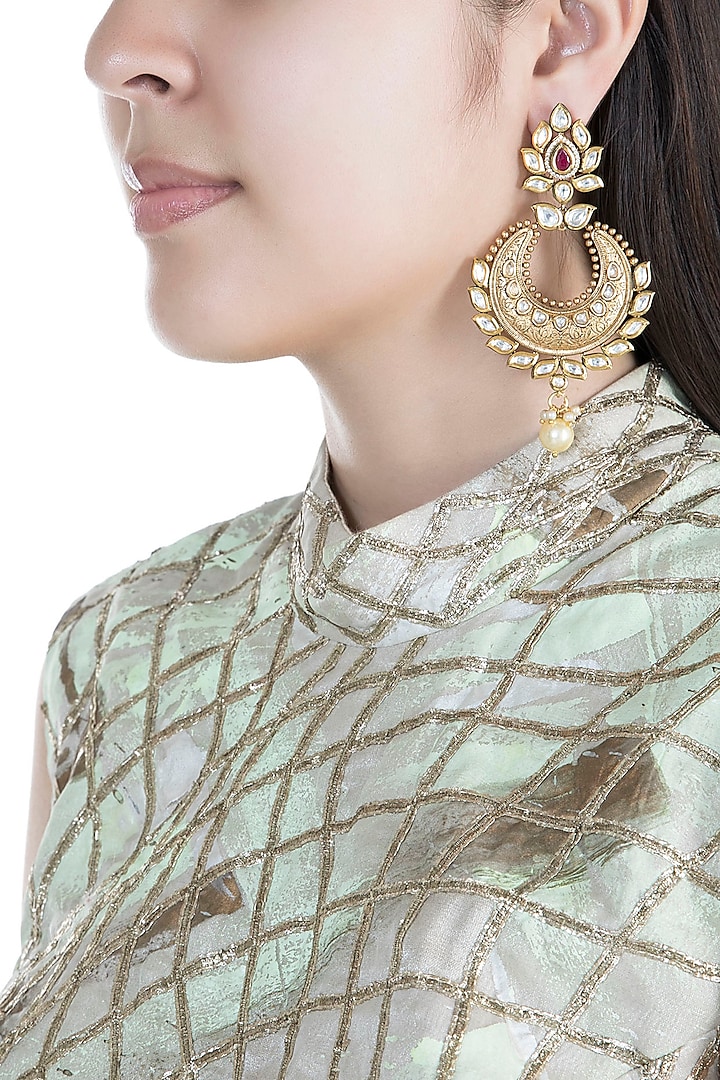 Gold Finish Onyx Stones, Kundan & Pearls Carved Chandbali Earrings by Anjali Jain Jewellery