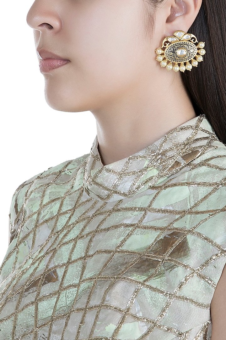 Gold Finish Kundan Antique Textured Earrings by Anjali Jain Jewellery