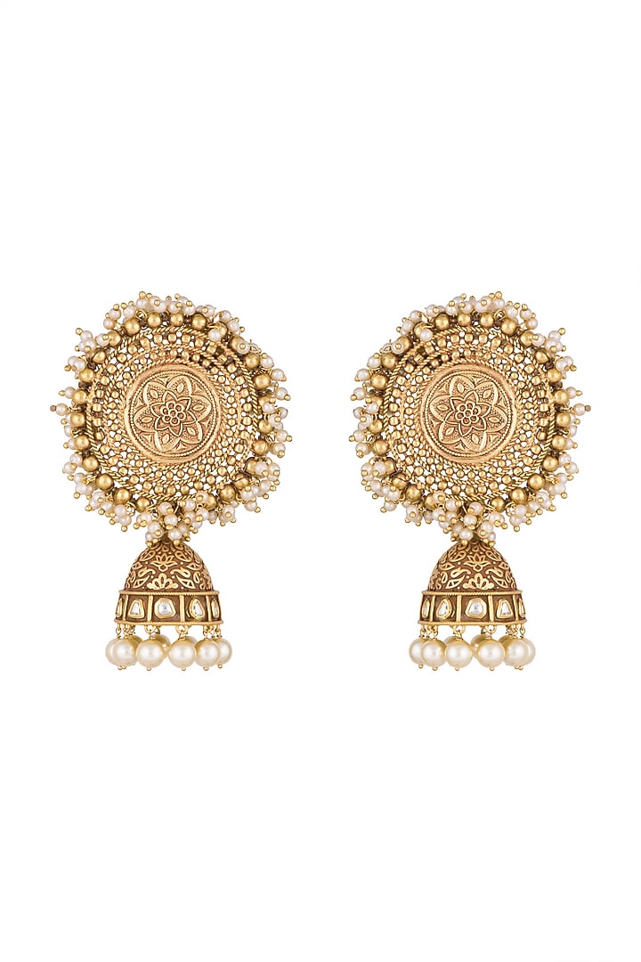 Gold Finish Kundan & Pearls Carved Jhumka Earrings by Anjali Jain Jewellery at Pernia's Pop Up Shop