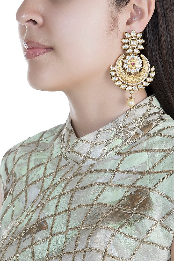 Gold Finish Kundan & Pearls Carved Chandbali Earrings by Anjali Jain Jewellery