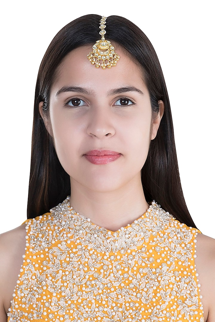 Gold Finish Kundan Pearl Maang Tikka by Anjali Jain Jewellery
