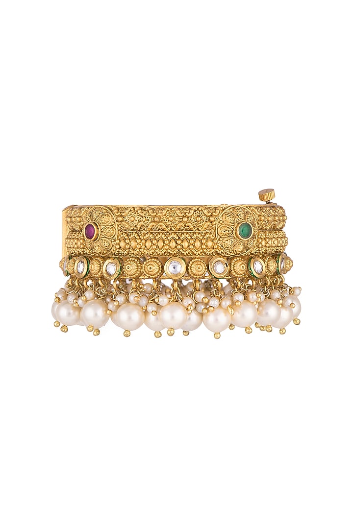 Gold Finish Onyx Stones & Pearls Bangles by Anjali Jain Jewellery at Pernia's Pop Up Shop